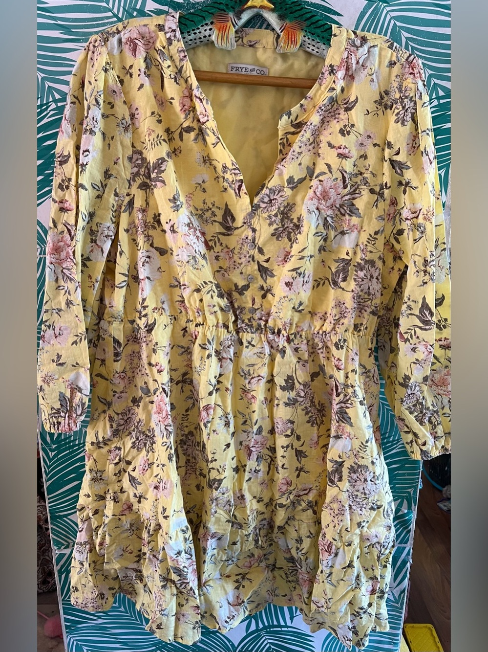 FRYE AND CO. Yellow Floral button front Smocked-Waist dress sz XXL cottagecore